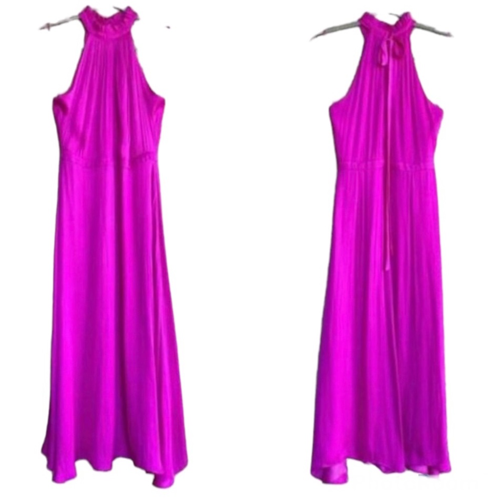 BANANA REPUBLIC Hot Pink Satin High Neck Halter Midi Dress